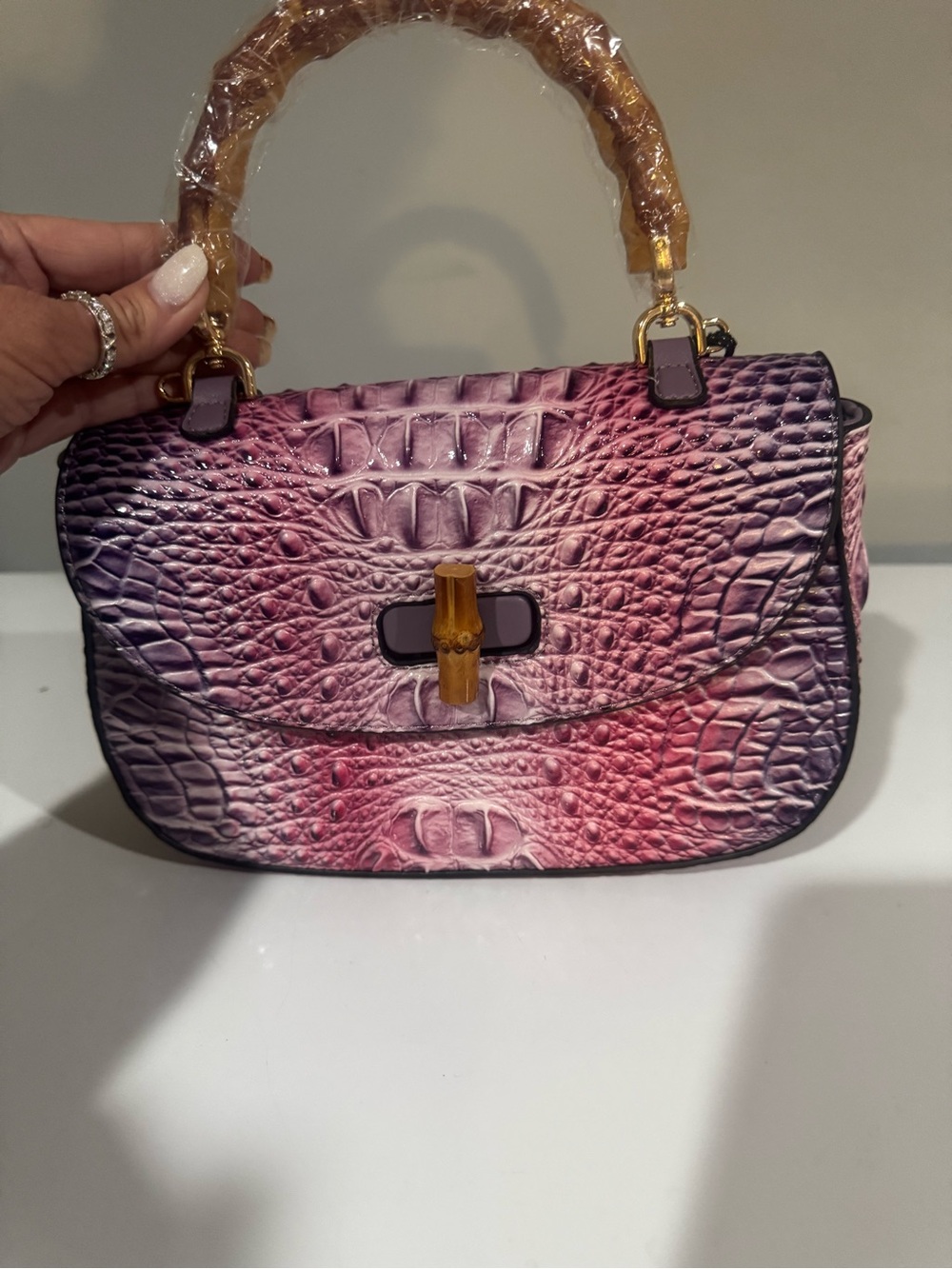 Purple Ombre Croc-Embossed Top-Handle Bag with Bamboo Turnlock